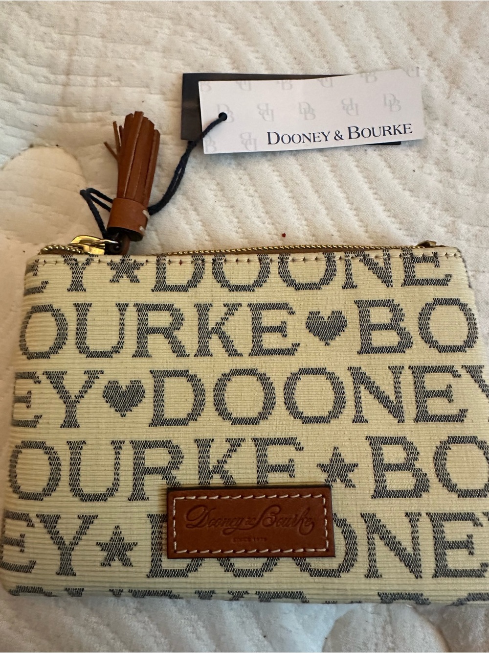Dooney & Bourke Tan and Cream Logo Zip Card Key Holder